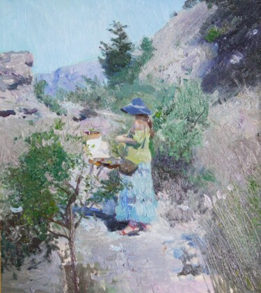 Pittura intitolato ""На этюдах в горах"" da Ilia Bogatov, Opera d'arte originale, Olio