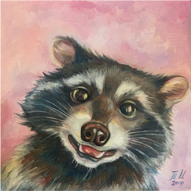 Painting titled "Raccoon greeting" by Tetiana Ilina, Original Artwork, Oil Mounted on Wood Stretcher frame