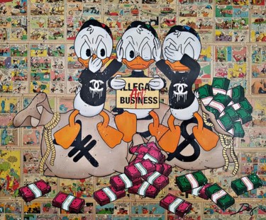 Painting titled "The Three Ducks" by Illegalartbusiness, Original Artwork, Acrylic Mounted on Wood Stretcher frame