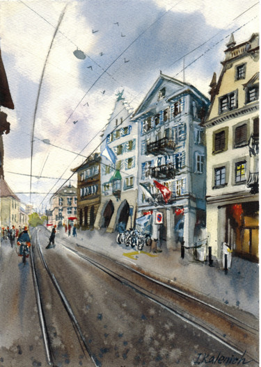 Painting titled "Zurich street with…" by Ilona Kalenich, Original Artwork, Watercolor