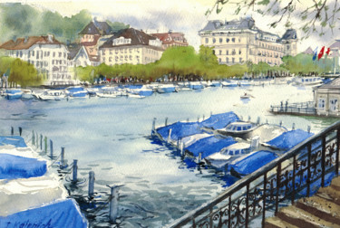 Painting titled "Zurich embankment w…" by Ilona Kalenich, Original Artwork, Watercolor