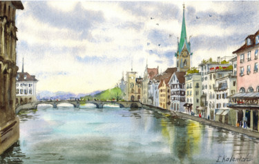 Painting titled "View of Zurich from…" by Ilona Kalenich, Original Artwork, Watercolor