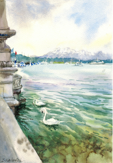 Картина под названием "Lake embankment wit…" - Ilona Kalenich, Подлинное произведение искусства, Акварель