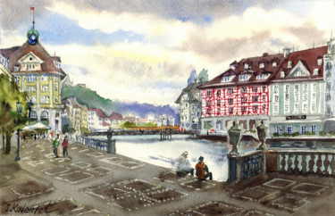 Pittura intitolato "Lucerne cityscape w…" da Ilona Kalenich, Opera d'arte originale, Acquarello
