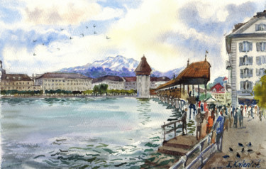 Pintura intitulada "Lucerne cityscape w…" por Ilona Kalenich, Obras de arte originais, Aquarela