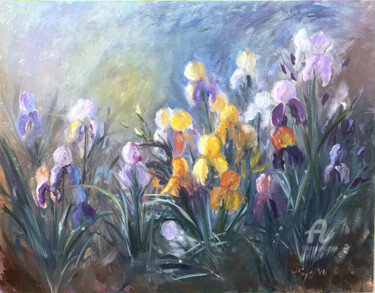 Flower Irises Painting titled "Flower Irises" by Илона Терехина, Original Art, Oil Mounted on Stretcher frame