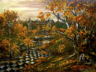 Painting titled "Autumn twilight" by Ilona Terekhina, Original Artwork, Oil Mounted on Wood Stretcher frame