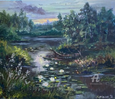 Painting titled "Lake" by Ilona Terekhina, Original Artwork, Oil Mounted on Wood Stretcher frame