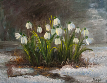 Painting titled "Flower Snowdrops" by Ilona Terekhina, Original Artwork, Oil Mounted on Wood Stretcher frame