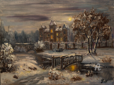 Painting titled "Moon winter" by Ilona Terekhina, Original Artwork, Oil Mounted on Wood Stretcher frame
