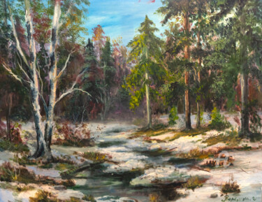 Schilderij getiteld "Winter in the forest" door Ilona Terekhina, Origineel Kunstwerk, Olie Gemonteerd op Frame voor houten b…