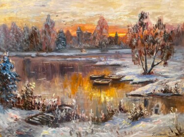 Painting titled "Sunset in winter" by Ilona Terekhina, Original Artwork, Oil Mounted on Wood Stretcher frame