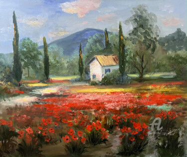 Schilderij getiteld "Poppy field" door Ilona Terekhina, Origineel Kunstwerk, Olie