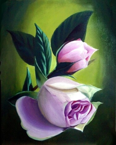 Peinture intitulée "Розовые розы на тем…" par Ilya Nikolaevich, Œuvre d'art originale, Acrylique
