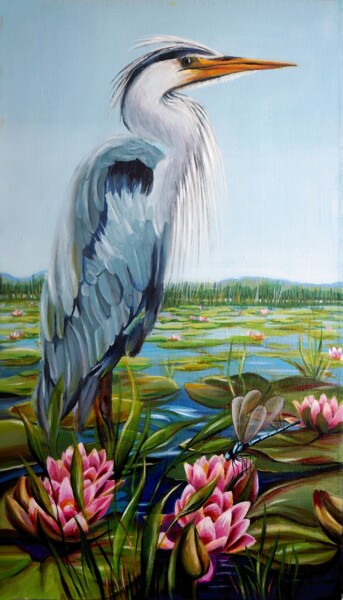 Peinture intitulée "Серая цапля на пруд…" par Ilya Nikolaevich, Œuvre d'art originale, Acrylique