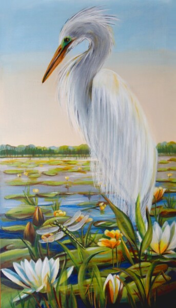 Картина под названием "Белая цапля на пруд…" - Ilya Nikolaevich, Подлинное произведение искусства, Акрил