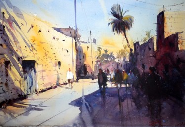 Painting titled "Le vieux Biskra" by Ilyes Belkaid, Original Artwork, Watercolor