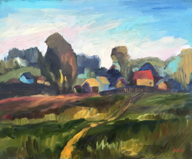 Картина под названием "Village" - Irina Makarova, Подлинное произведение искусства, Масло Установлен на Деревянная рама для…