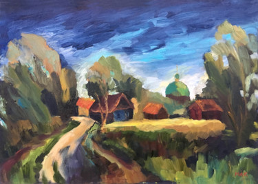 Ζωγραφική με τίτλο "Rural landscape" από Irina Makarova, Αυθεντικά έργα τέχνης, Λάδι Τοποθετήθηκε στο Ξύλινο φορείο σκελετό