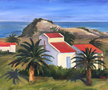 Painting titled "Spain. Red roofs" by Irina Makarova, Original Artwork, Oil Mounted on Wood Stretcher frame