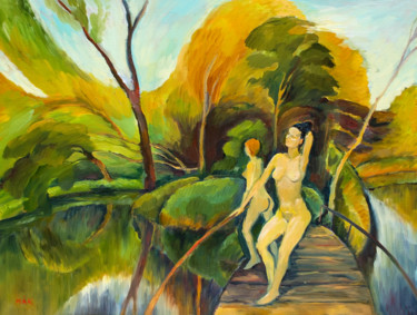 ON THE BRIDGE - woman nude oil painting with two naked girls Peinture intitulée "ON THE BRIDGE - wom…" par Irene Makarova, Œuvre d'art originale, Huile