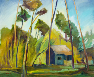 LANDSCAPE WITH A HOUSE - bright landscape oil painting Peinture intitulée "LANDSCAPE WITH A HO…" par Irene Makarova, Œuvre d'art originale, Huile