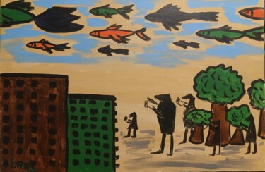Pintura intitulada "Рыбы над городом" por Imar, Obras de arte originais, Acrílico