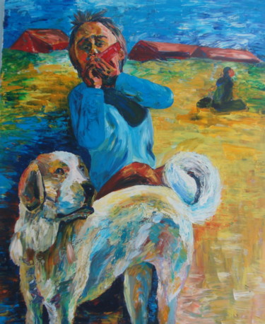 Peinture intitulée "l'enfant à l'harmon…" par Muxian Declerck, Œuvre d'art originale, Huile