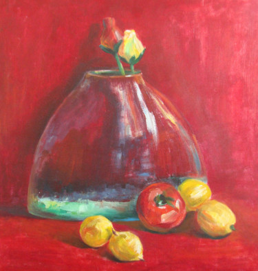 Peinture intitulée "vase rouge et citro…" par Muxian Declerck, Œuvre d'art originale, Huile