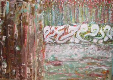 Schilderij getiteld "River of letter" door Inaam Obaidi Onsi, Origineel Kunstwerk, Acryl