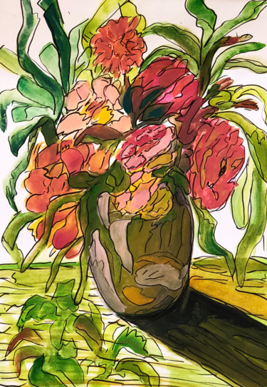 Rysunek zatytułowany „Sending flowers” autorstwa Inaam Obaidi Onsi, Oryginalna praca
