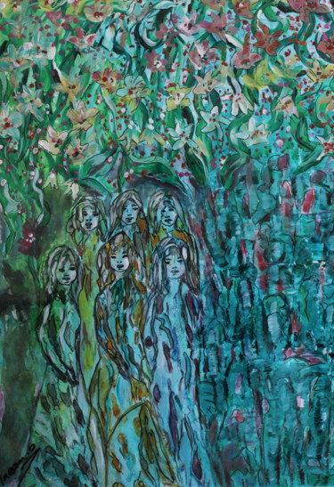 Painting titled "Jasmine garden" by Inaam Obaidi Onsi, Original Artwork, Acrylic
