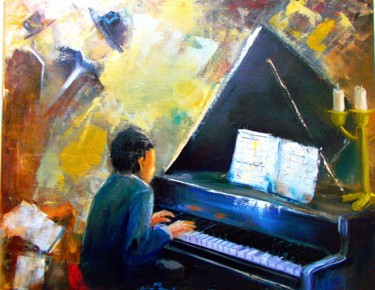 Malerei mit dem Titel ""Μικρός πιανίστας"" von Ina Melidou, Original-Kunstwerk, Öl Auf Keilrahmen aus Holz montiert