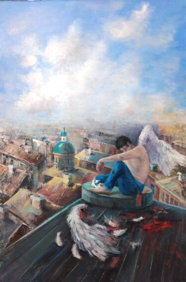 Painting titled "The Wounded Angel" by Ina Melidou, Original Artwork, Oil Mounted on Wood Stretcher frame