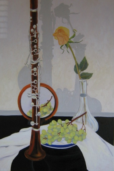 Painting titled "Clarinet and Grapes" by Inara Cedrins, Original Artwork, Oil