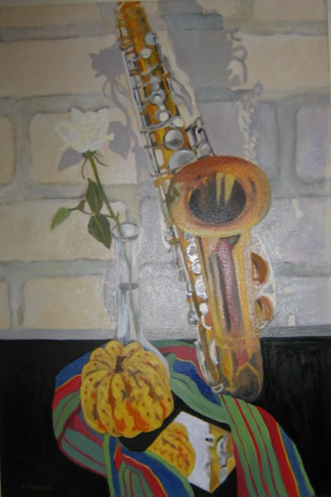 Painting titled "Sax and Squash" by Inara Cedrins, Original Artwork, Oil