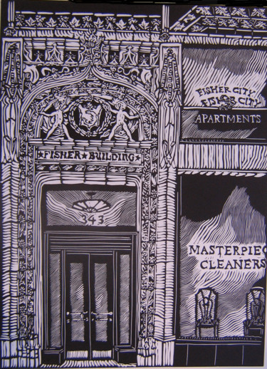 Drawing titled "Fisher Building" by Inara Cedrins, Original Artwork, Architecture