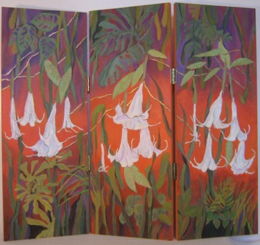 Painting titled "Trumpet Flowers" by Inara Cedrins, Original Artwork