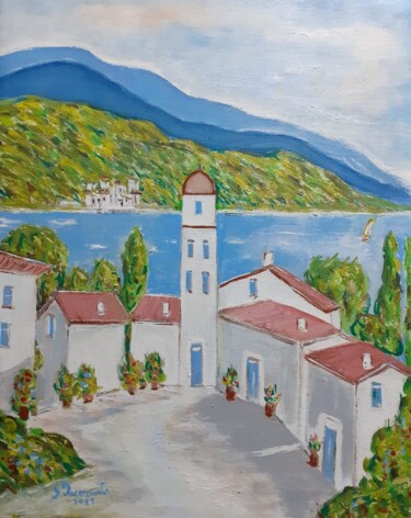 Painting titled "case su lago" by Giovanni Incoronato, Original Artwork, Oil Mounted on Wood Stretcher frame