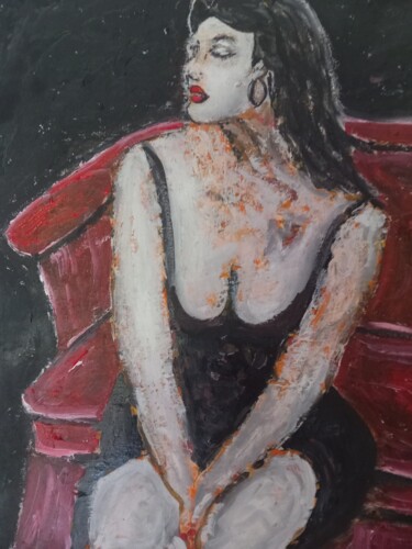 Painting titled "2023_donna su divano" by Giovanni Incoronato, Original Artwork, Oil Mounted on Wood Stretcher frame