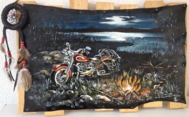 Painting titled "Sweet night biker-…" by Graywolf Rm (Indian Héritage Arts), Original Artwork, Acrylic Mounted on Wood Stret…