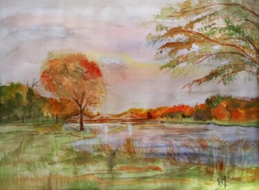 Painting titled "Fin de journée sur…" by Graywolf Rm (Indian Héritage Arts), Original Artwork, Watercolor