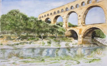 Painting titled "Le pont du Gard" by Graywolf Rm (Indian Héritage Arts), Original Artwork, Watercolor