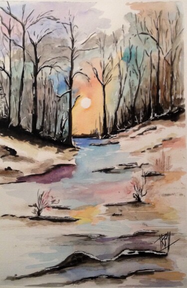 Painting titled "Soleil d'hiver" by Graywolf Rm (Indian Héritage Arts), Original Artwork, Watercolor