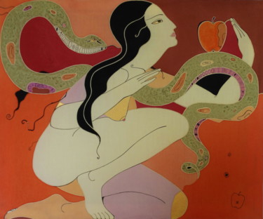 Peinture intitulée ""Ева"" par Marina Melnik, Œuvre d'art originale, Tissu Monté sur Châssis en bois