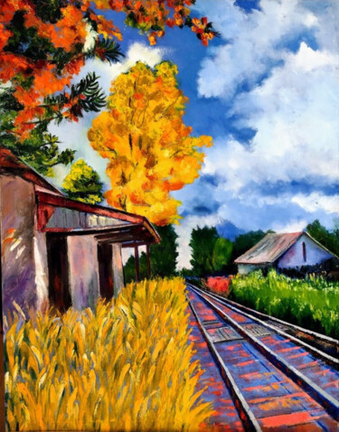 Pintura intitulada "Estación en Campo" por Inés Brasquet, Obras de arte originais, Óleo