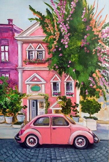 Schilderij getiteld "Pink car" door Inés Brasquet, Origineel Kunstwerk, Olie
