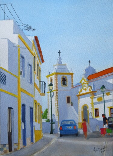 Schilderij getiteld "Recanto com Igreja…" door Inês Dourado, Origineel Kunstwerk, Aquarel