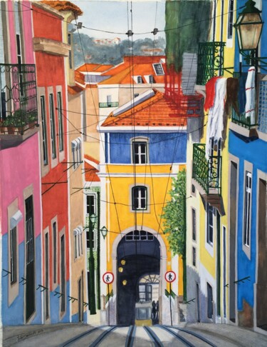 Malarstwo zatytułowany „Calçada da Bica (Bi…” autorstwa Inês Dourado, Oryginalna praca, Akwarela