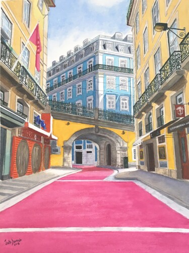 Peinture intitulée "A Rua Cor de Rosa (…" par Inês Dourado, Œuvre d'art originale, Aquarelle